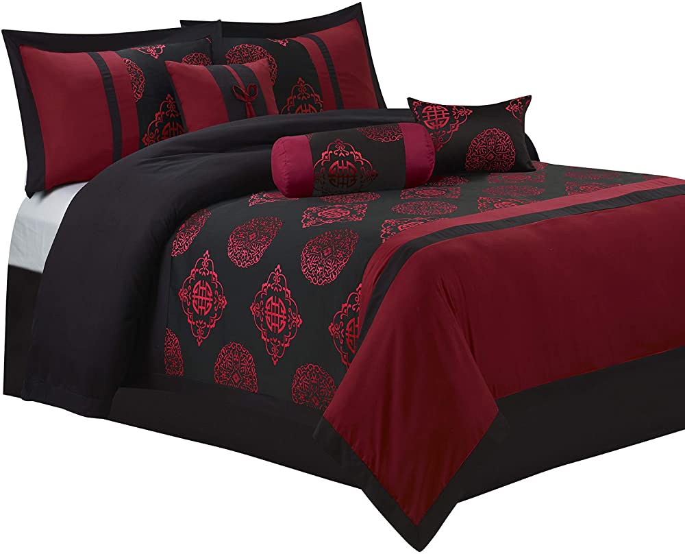B07G78ZQFT HIG 7 Piece Comforter Set Queen-Gray and Red Jacquard Patchwork-Dynasty Bed in A Bag Queen Size- Soft Texture,Smooth,Good Drapability-1 Comforter,2 Shams,3 Decorative Pillows,1 Bedskirt