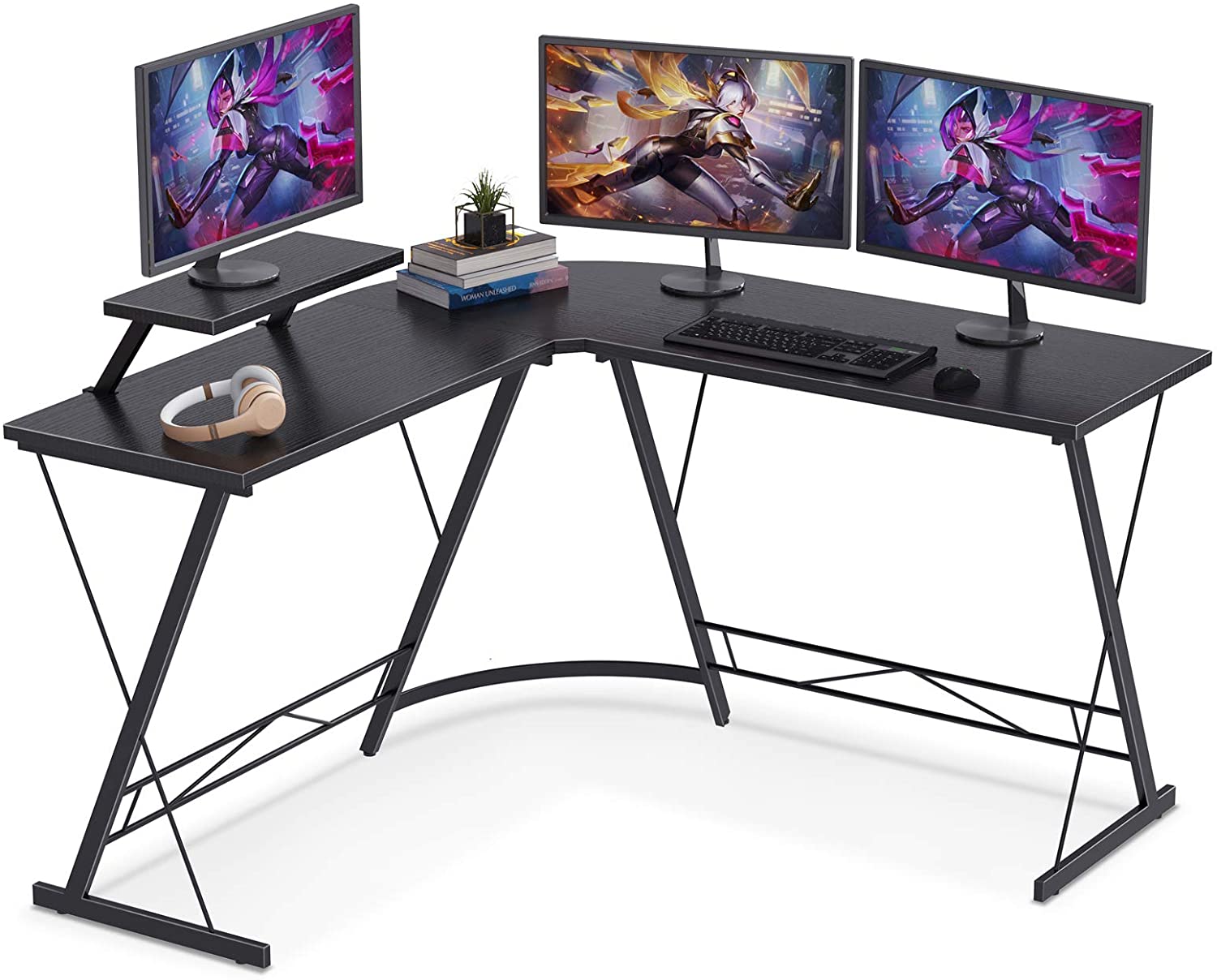 B081DWJ7KZ Casaottima L Shaped Desk, 51" Home Office Desk with Round Corner Computer Desk with Large Monitor Stand Desk Workstation,Black