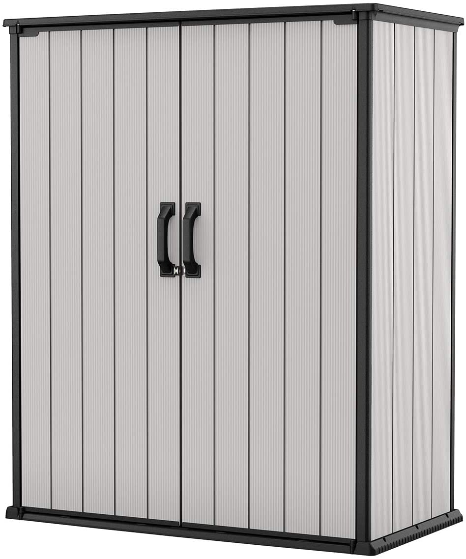 B083PKMZFZ Keter Premier Tall Resin Outdoor Storage Shed with Shelving Brackets for Patio Furniture, Pool Accessories, and Bikes, Grey & Black