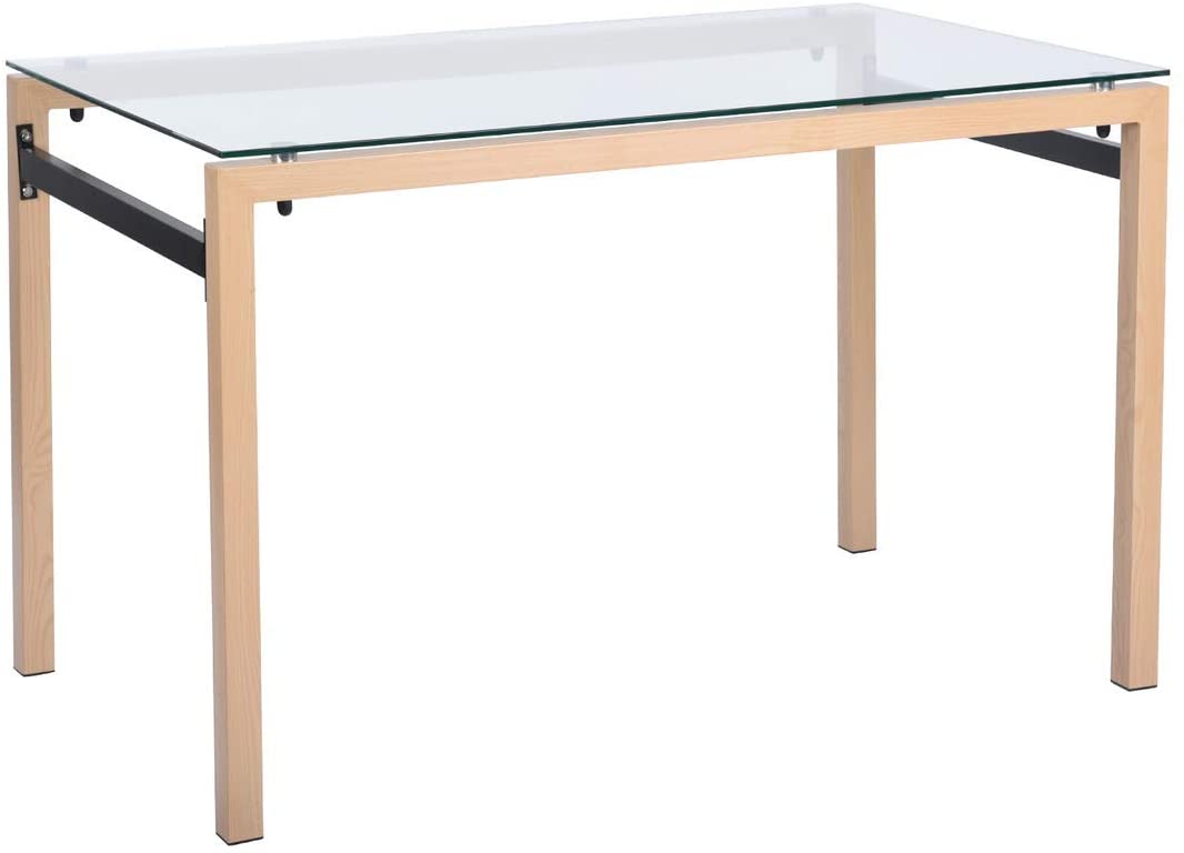 B086DL8XQ8 Kitchen Dining Table Rectangle Glass Top with Metal Legs in Wooden Color Modern Dinner Table Office Desk