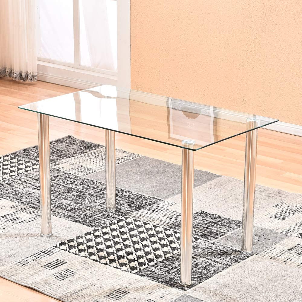 B08HD4H55Y Redd Royal Rectangular Dining Table with Tempered Safety Glass Top Modern Clear Accent Kitchen Table with Metal Legs