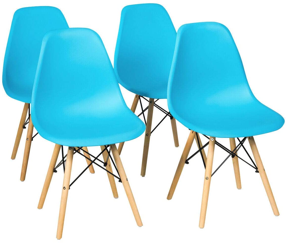 B08H2LZDDV Blue Mid Century Modern Dining Chairs Set of 4 for Kitchen and Dining Room, Curved Side Chair with Wood Legs, Cafe Home Accent Furniture