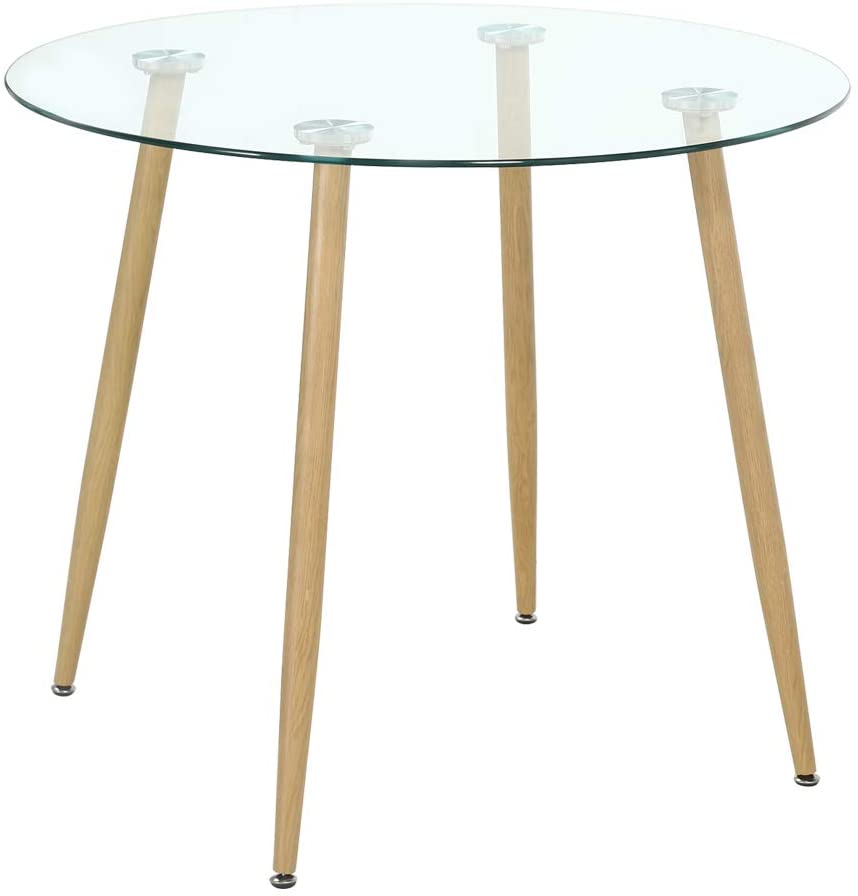 B08RBQVRWF Bacyion Round Glass Dining Table, Modern Coffee Desk with 4 Sturdy Wood Printed Transfer Metal Legs, Table for Kitchen,Dining Room,Living Room,Office,Easy Assembly and Clean,L 35 x H 30 inches