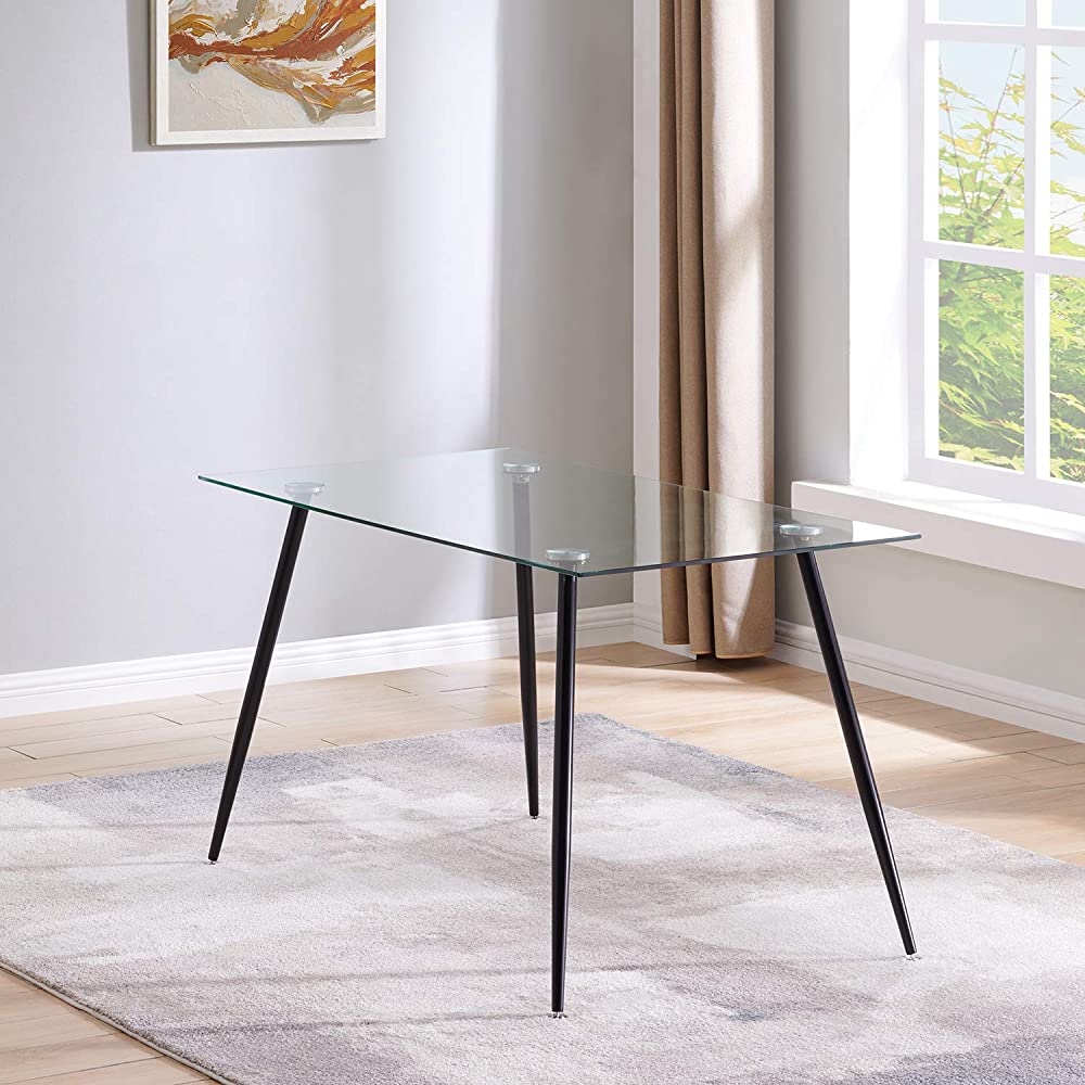 B086DCKC55 IDS Home Transparent Leisure Coffee Modern Clear Glass Dining Room Table, Home Office, Kitchen, Black Metal Leg with Foot Pad