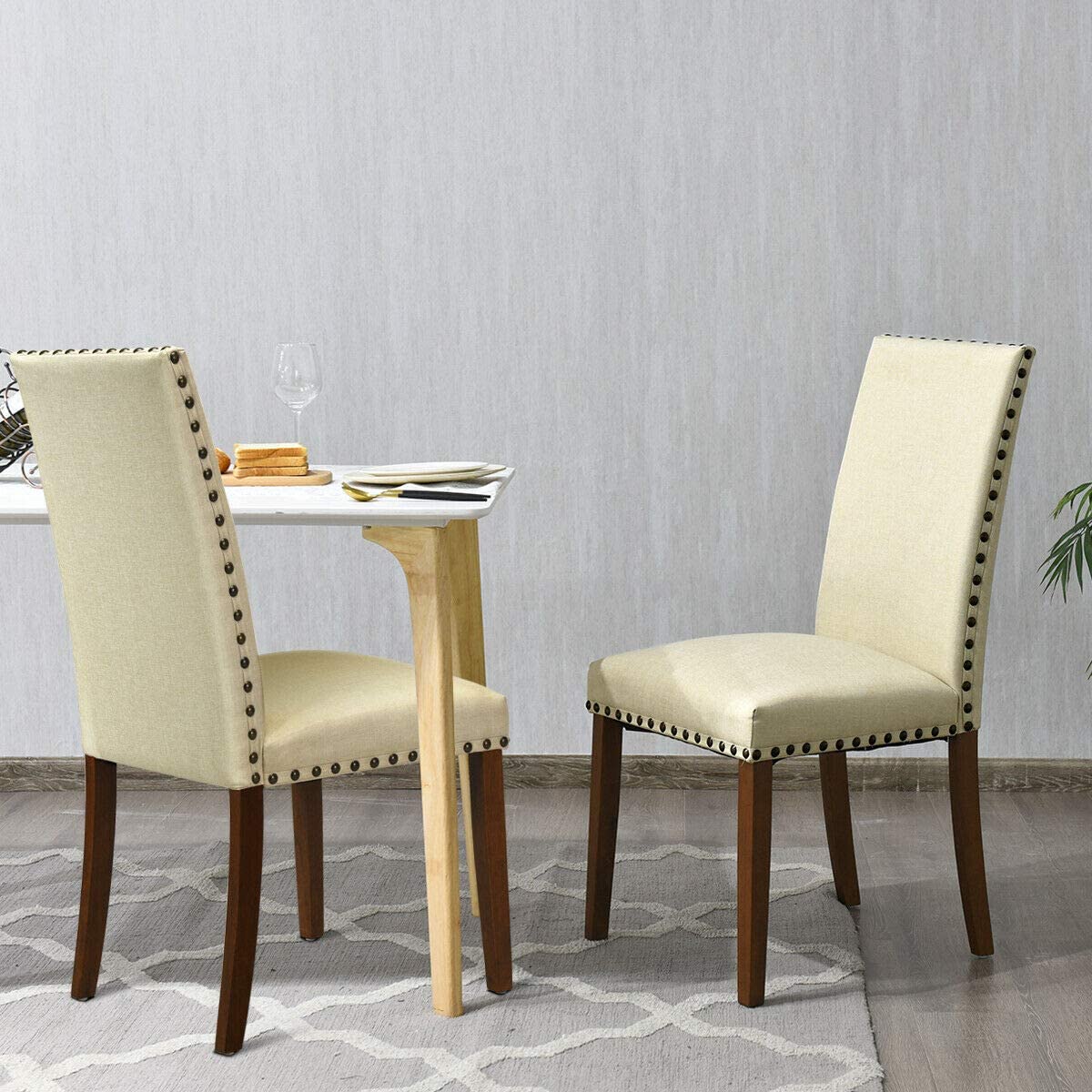 B08HX7D738 Elegant Beige Fabric Wooden Legs Parsons Dining Chairs with Nailhead Trim Set of 2 for Kitchen and Dining Room, Classic Home Accent Furniture