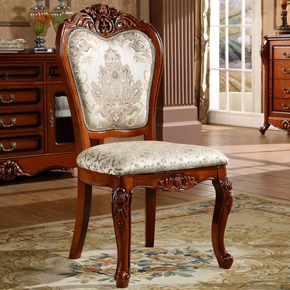 B08BZ24QDS GEQWE Dining Chairs Dining Chair Solid Wood Fabric Chair Retro American Carved Hall Dining Chair 2 Pieces for Kitchen Dining Room (Color : Brown, Size : 52x50x106cm)