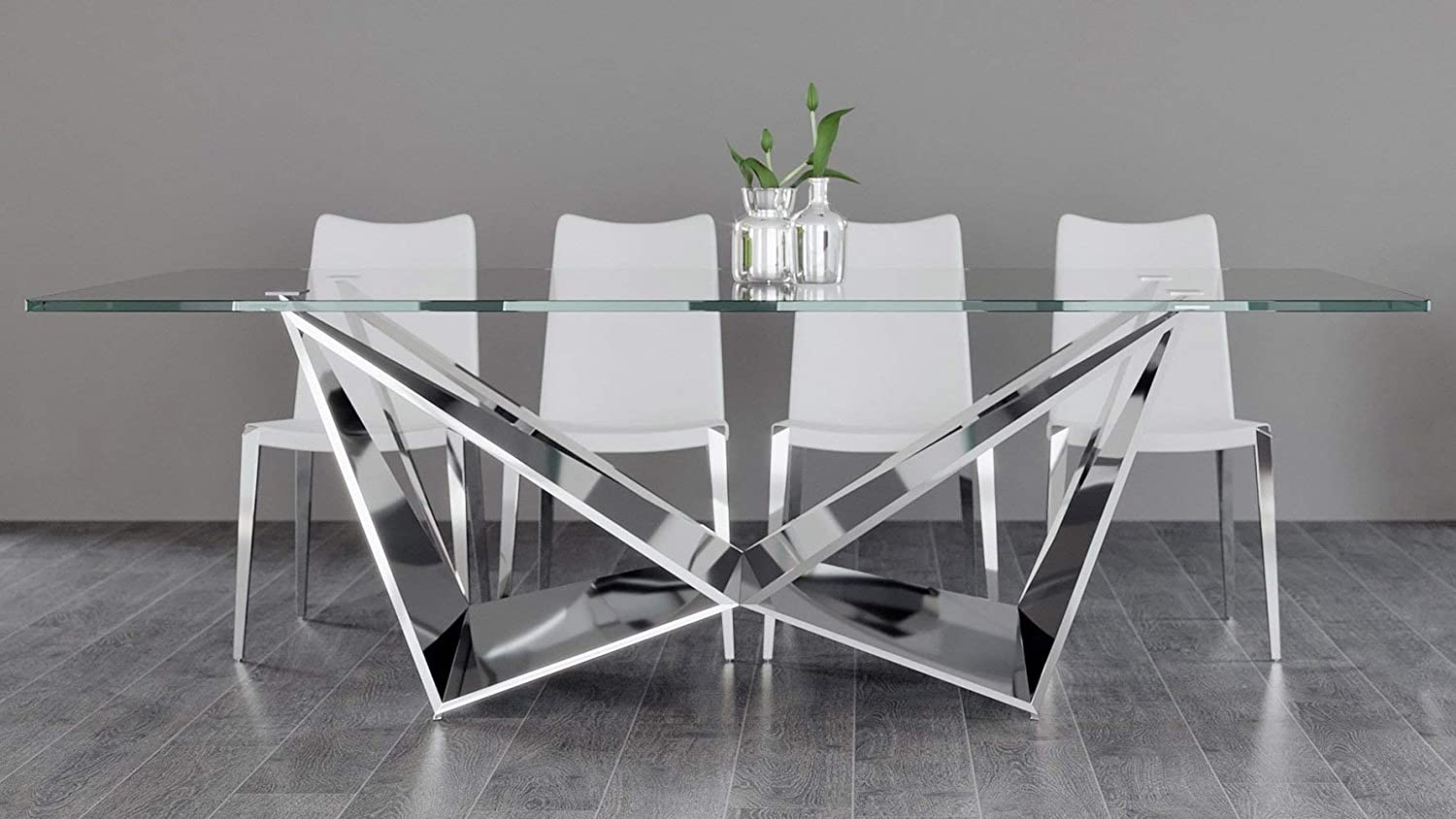 B07Q58RQ32 Zuri Modern Serra 94 Inch Dining Table - Clear Glass with Polished Stainless Steel Base