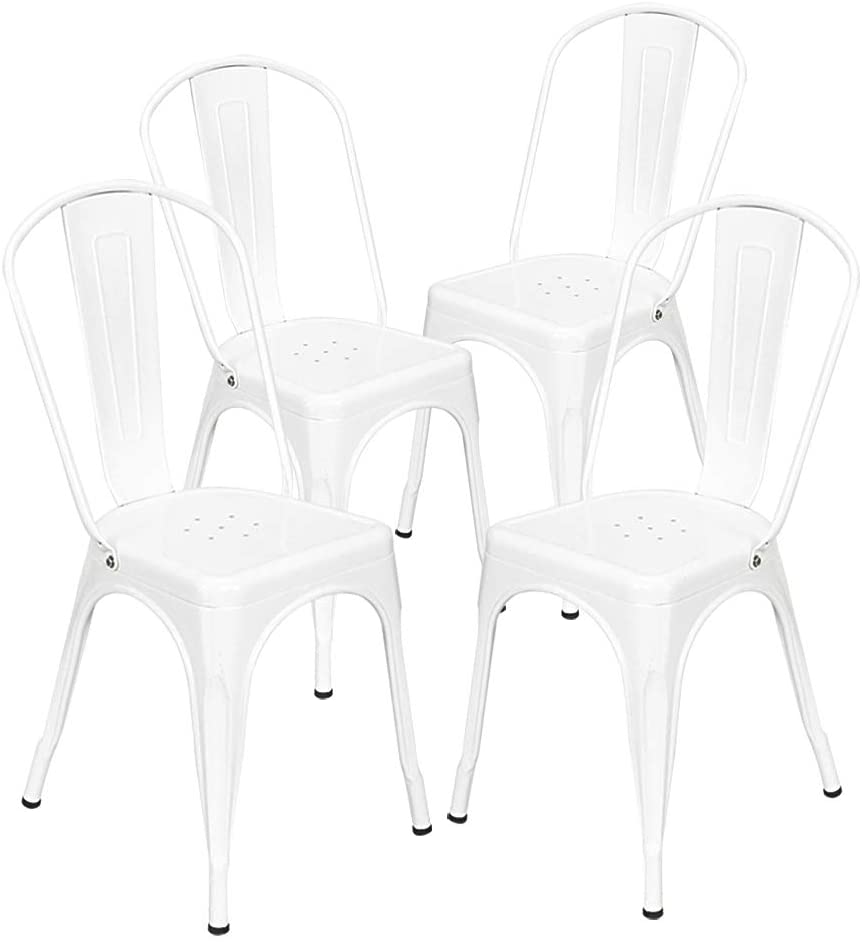 B08DL5DPR2 Dining-Chairs Metal Patio Restaurant-Bar-Chair - Set of 4 Stackable Height Dining Room Kitchen Tolix Trattoria Cafe Side Vintage Bistro Chairs White