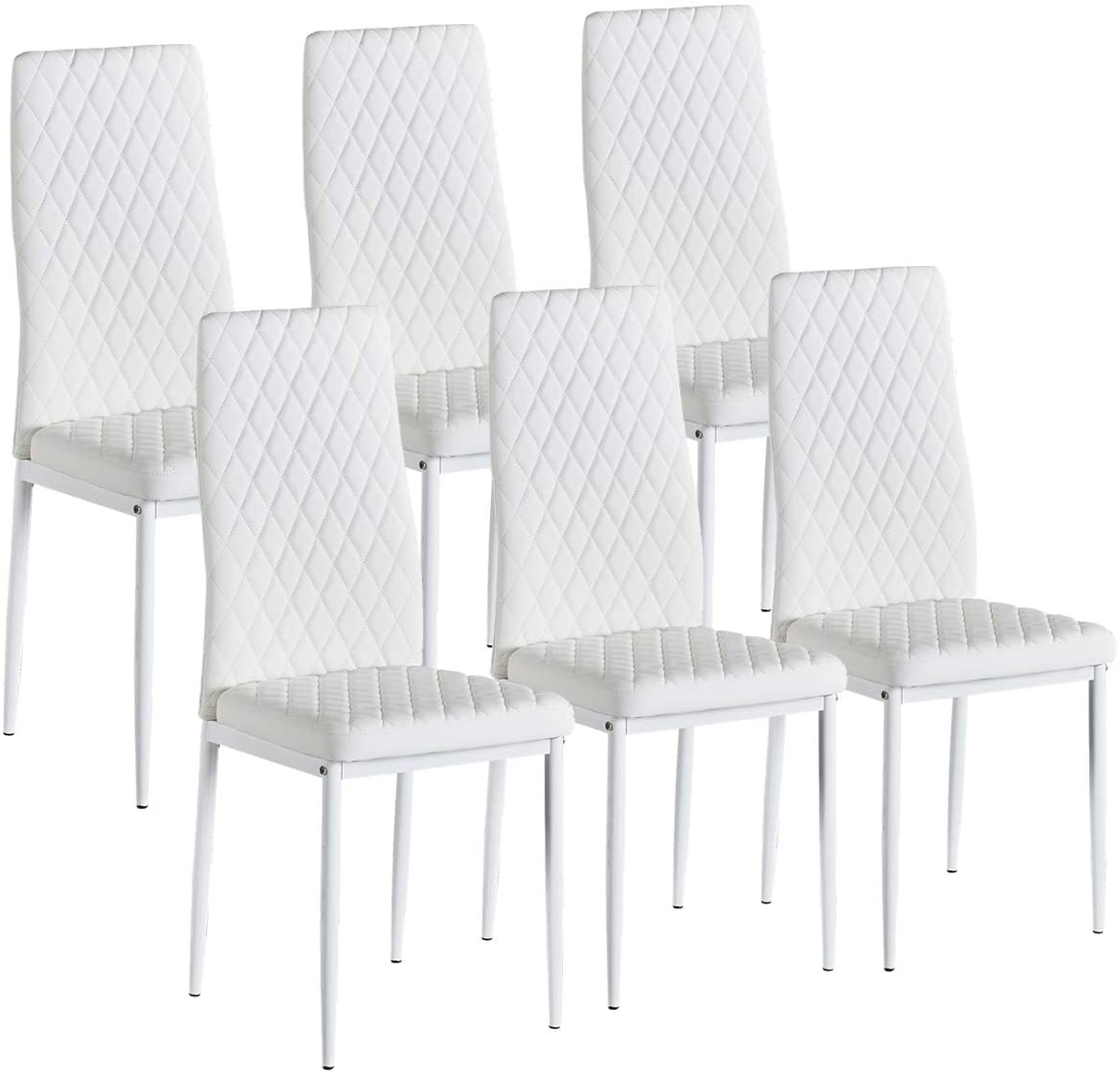 B08R63CLQL Dining Chairs Set of 6, PU Leather Kitchen Dining Side Chairs with Ergonomic Curved backrest, Mid-Century Modern Dining Chairs with Upholstered Cushion & Metal Legs for Kitchen Dining Room (White)