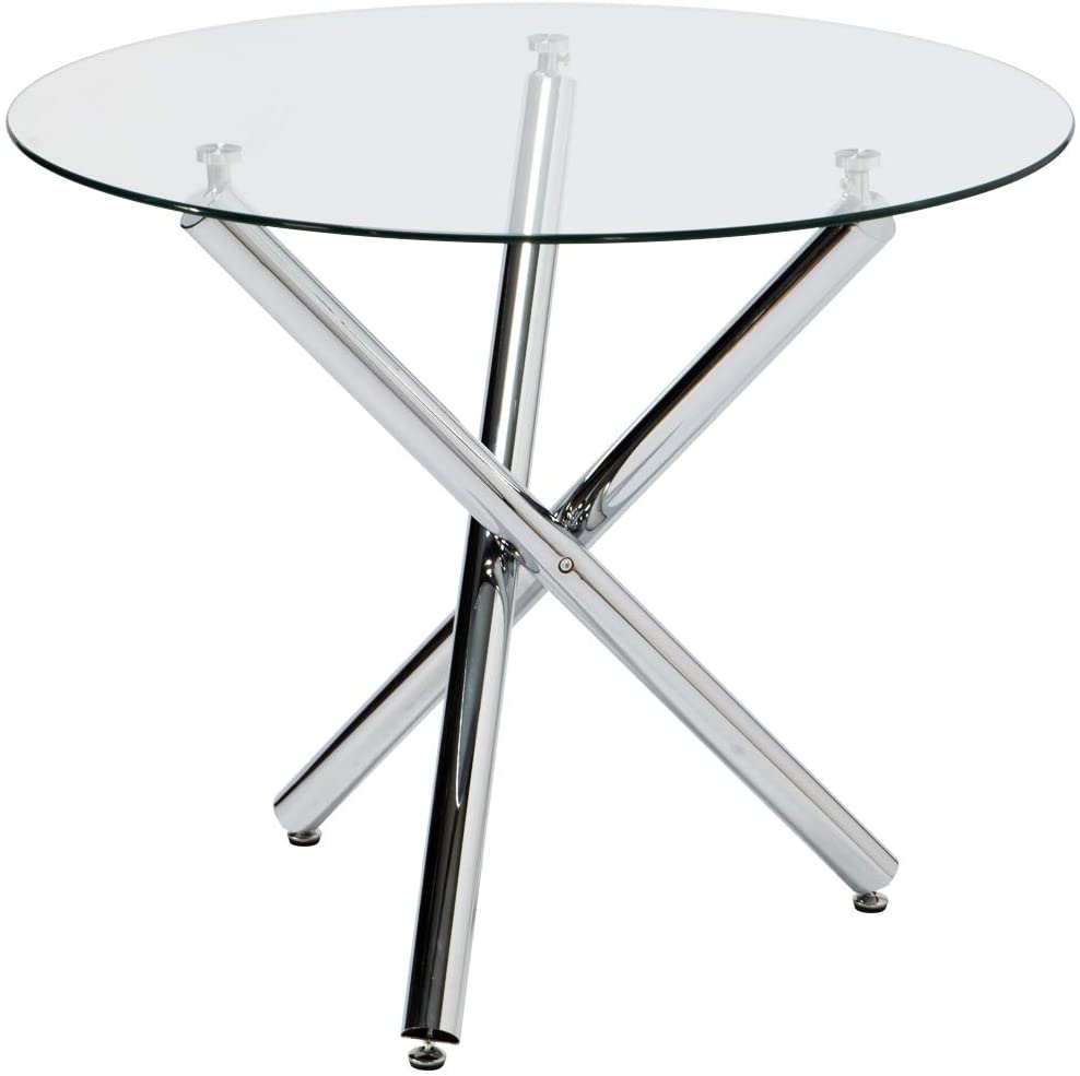 B0849Q2TXB Round Glass Dining Table with Chrome Legs for 2 or 4 Seats Home Office Kitchen Dining Room Table Furniture 35.4 x 29.5inch