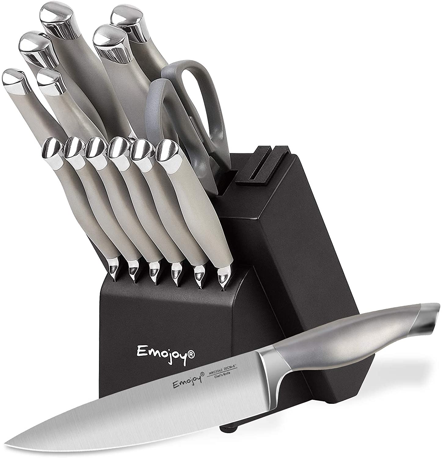 B08J7WLB8W Emojoy Knife Set, 15 Pieces Kitchen Knife Set with Block Wooden, Chef Knife Set with Built-in Sharpener, German Stainless Steel Hollow Handle Knives Grey
