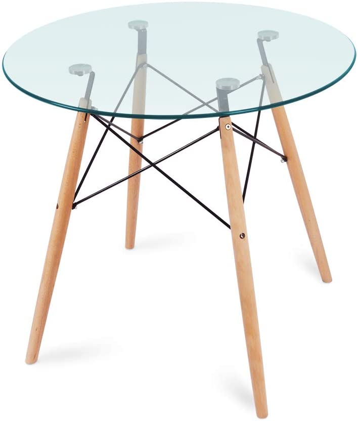 B07WR36X9T Nidouillet Round Glass Dining Table, Coffee Desk with 4 Beech Wood Legs for Kitchen Living Room AB053