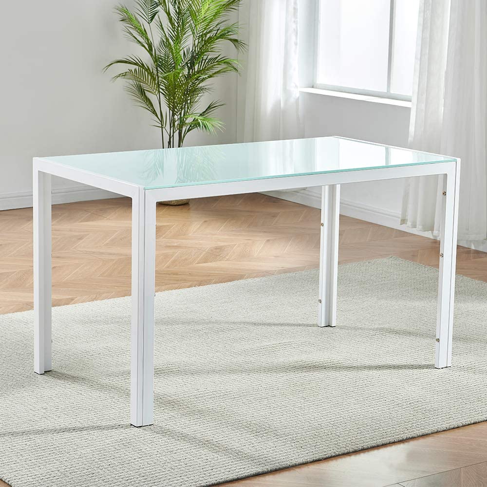 B08BJVKH8J IDS Home Rectangular with Metal Legs for 4/6 Persons Transparent Glass Top Kitchen Dining Table, 51.18" 27.56" 29.53", White