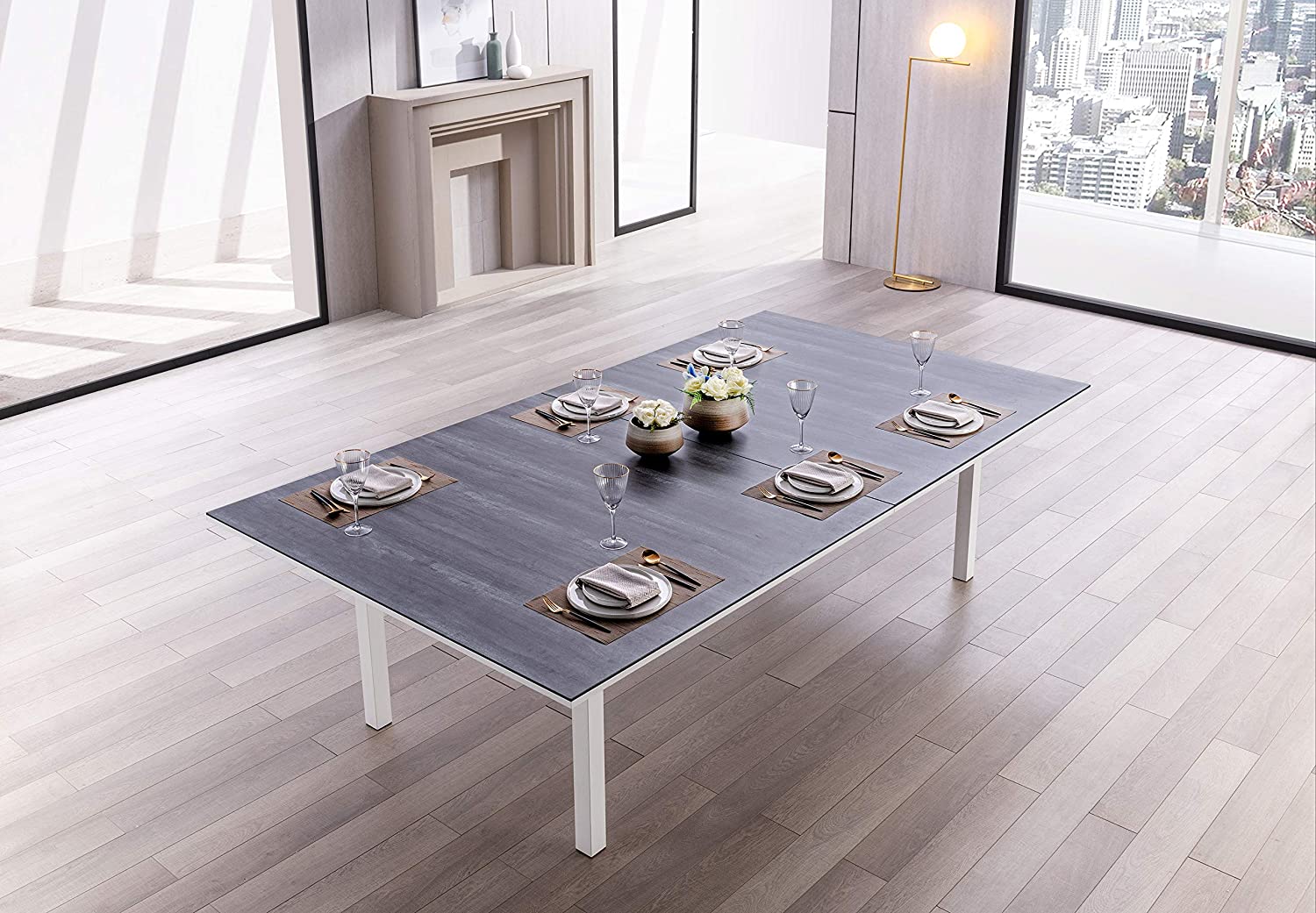 B085M2H786 White Line Imports Tiana Tennis Game/Dining/Conference Table in Ceramic Glass Top, Grey Metal Legs and Matte Black Feet