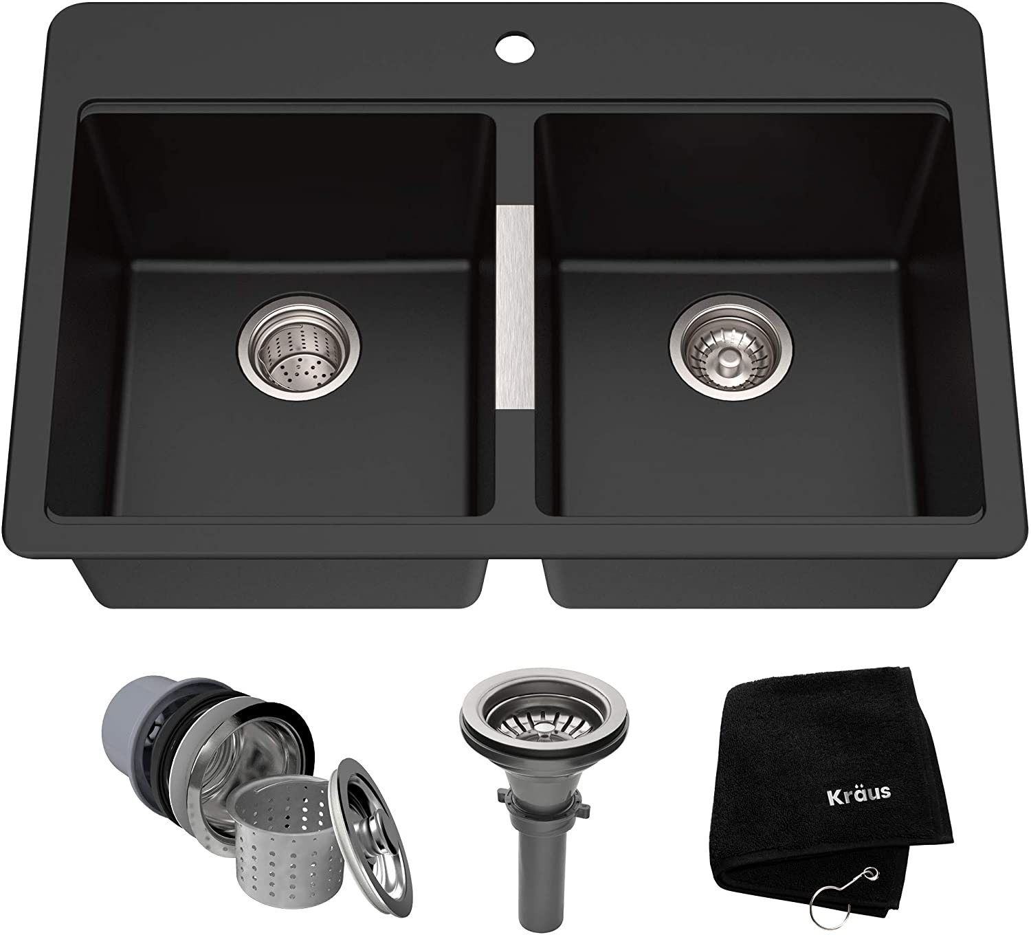 B00E6SP4NU Kraus Quarza Kitchen Sink, 33-Inch Equal Bowls, Black Onyx Granite, KGD-433B model