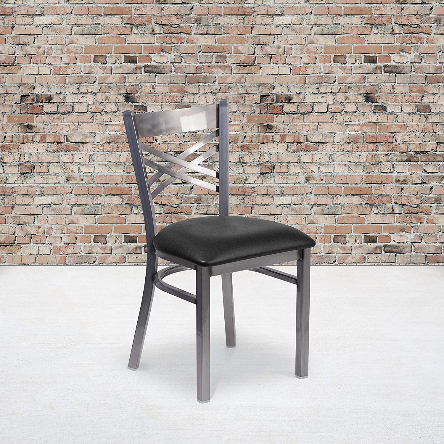 B0725XDY3C Flash Furniture 2 Pack HERCULES Series Clear Coated ''X'' Back Metal Restaurant Chair - Black Vinyl Seat
