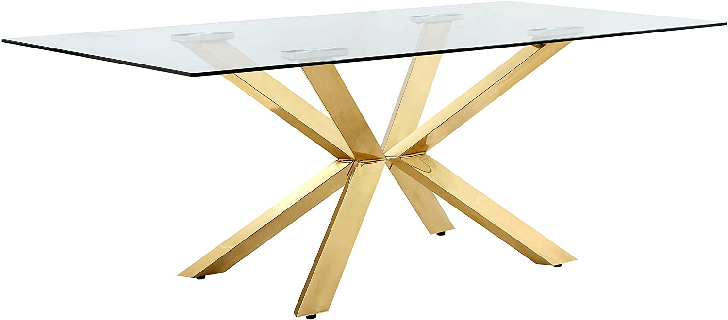 B01N16UGTM Meridian Furniture Capri Collection Modern Rectangular Dining Room Table with Rich Gold Stainless Steel Contemporary Style Base and Glass Top, 78" W x 39" D x 30" H,